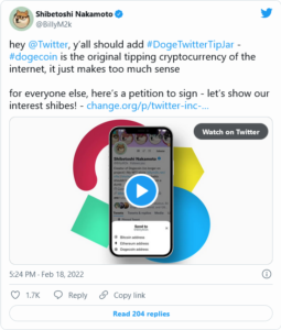 Screenshot 2022 02 19 at 08 58 30 Dogecoin Co Founder Promoting Petition Calling for Adding DOGE Tipping on Twitter 255x300 - بیلی مارکوس تلاش می کند تا قابلیت پرداخت انعام با دوج کوین را در توئیتر فعال نماید