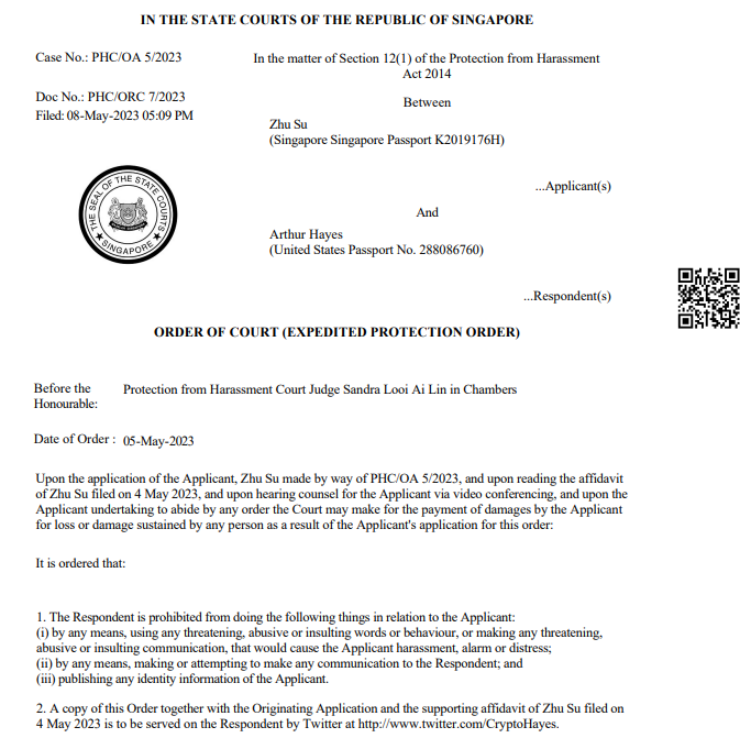 Zhu Su's restraining order against BitMEX co-founder Arthur Hayes (Protection from Harassment Court of Singapore)